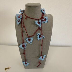 Tradional Turkish Handmade   Blue & Burgandy  Oya Floral Lariat Necklace